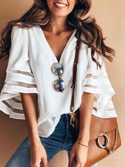 V Neck Plain Bell Sleeve Blouses For Woman