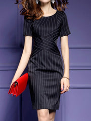 Round Neck  Vertical Striped Bodycon Dress