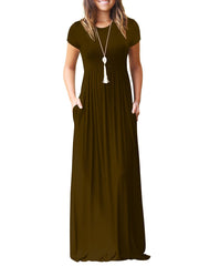 Round Neck  Patch Pocket  Plain Maxi Dress