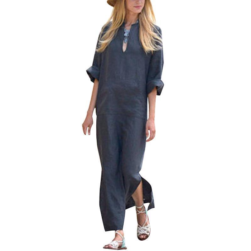 Oversized Women Long Sleeve Solid Cotton Maxi Dress