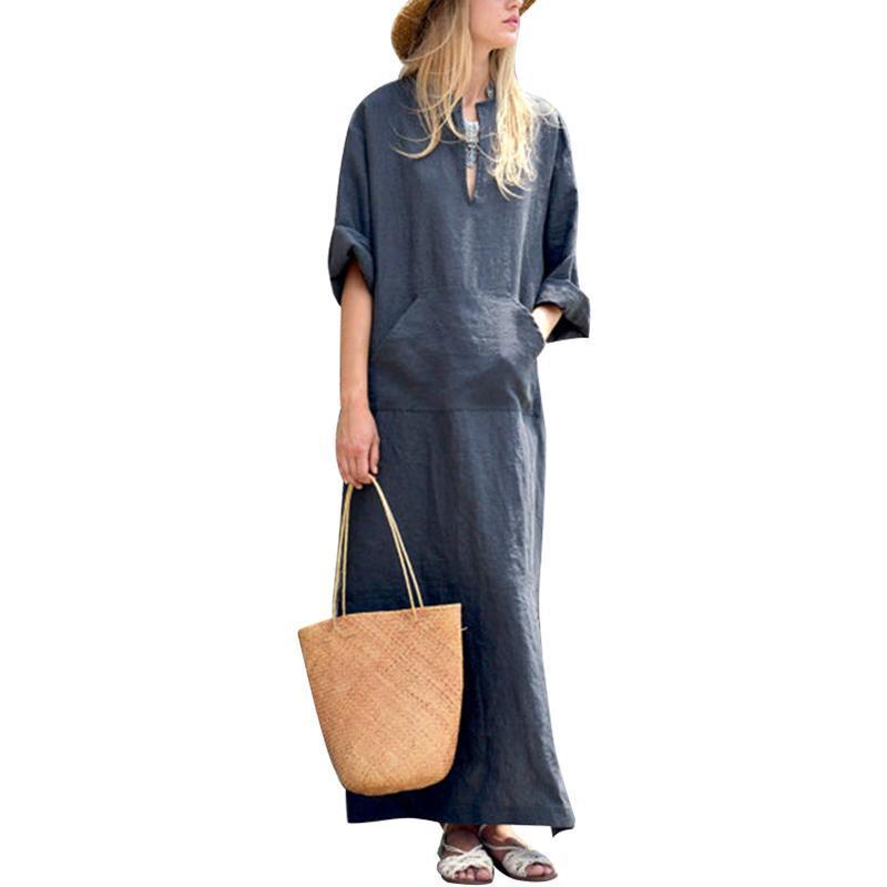 Oversized Women Long Sleeve Solid Cotton Maxi Dress