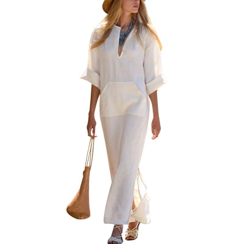 Oversized Women Long Sleeve Solid Cotton Maxi Dress