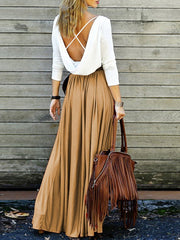 Round Neck  Belt  Color Block Maxi Dress
