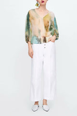 Fashion Loose Watercolor Floral Printed Blouse