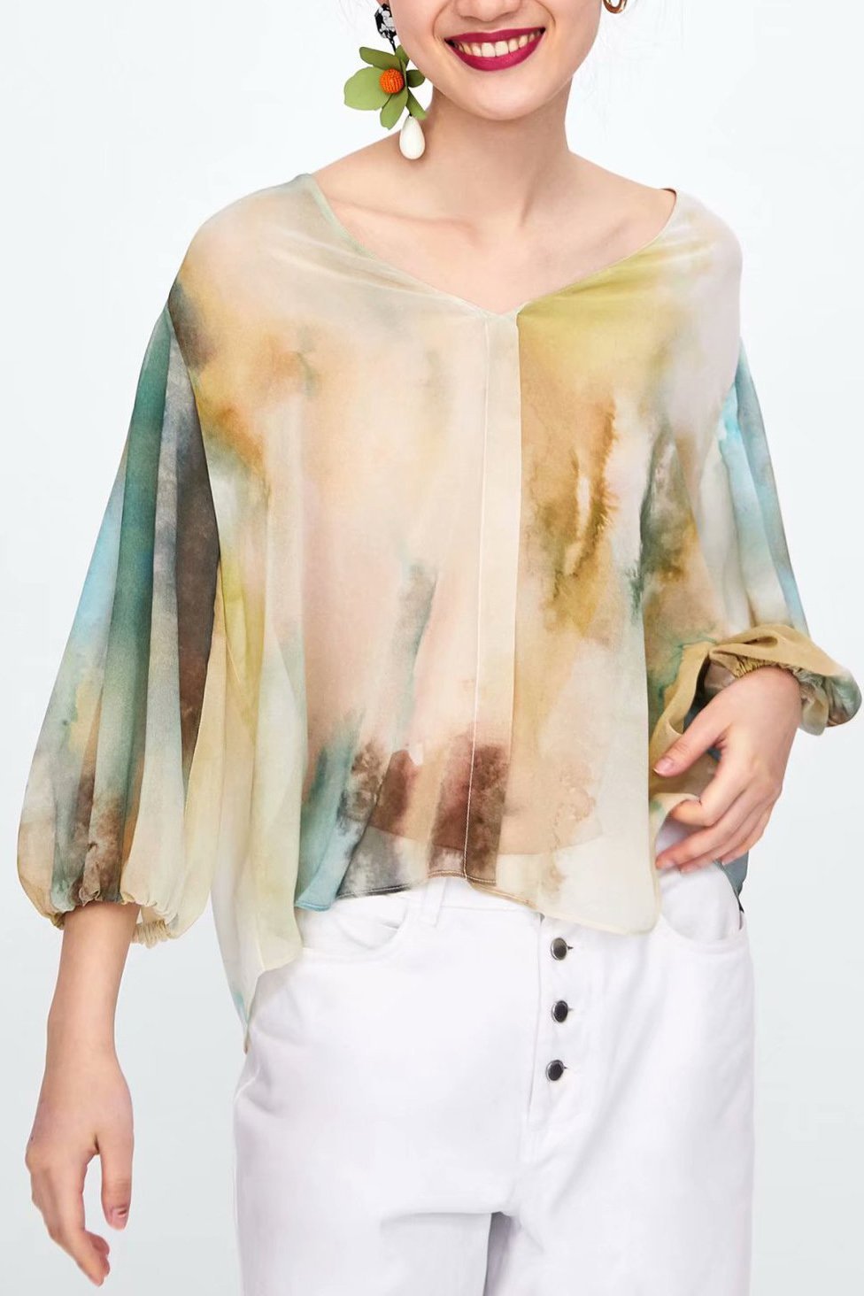 Fashion Loose Watercolor Floral Printed Blouse