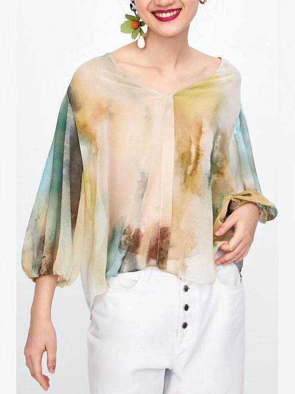 Fashion Loose Watercolor Floral Printed Blouse