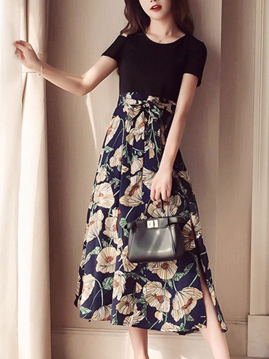 Round Neck  Patchwork  Belt  Printed Maxi Dress