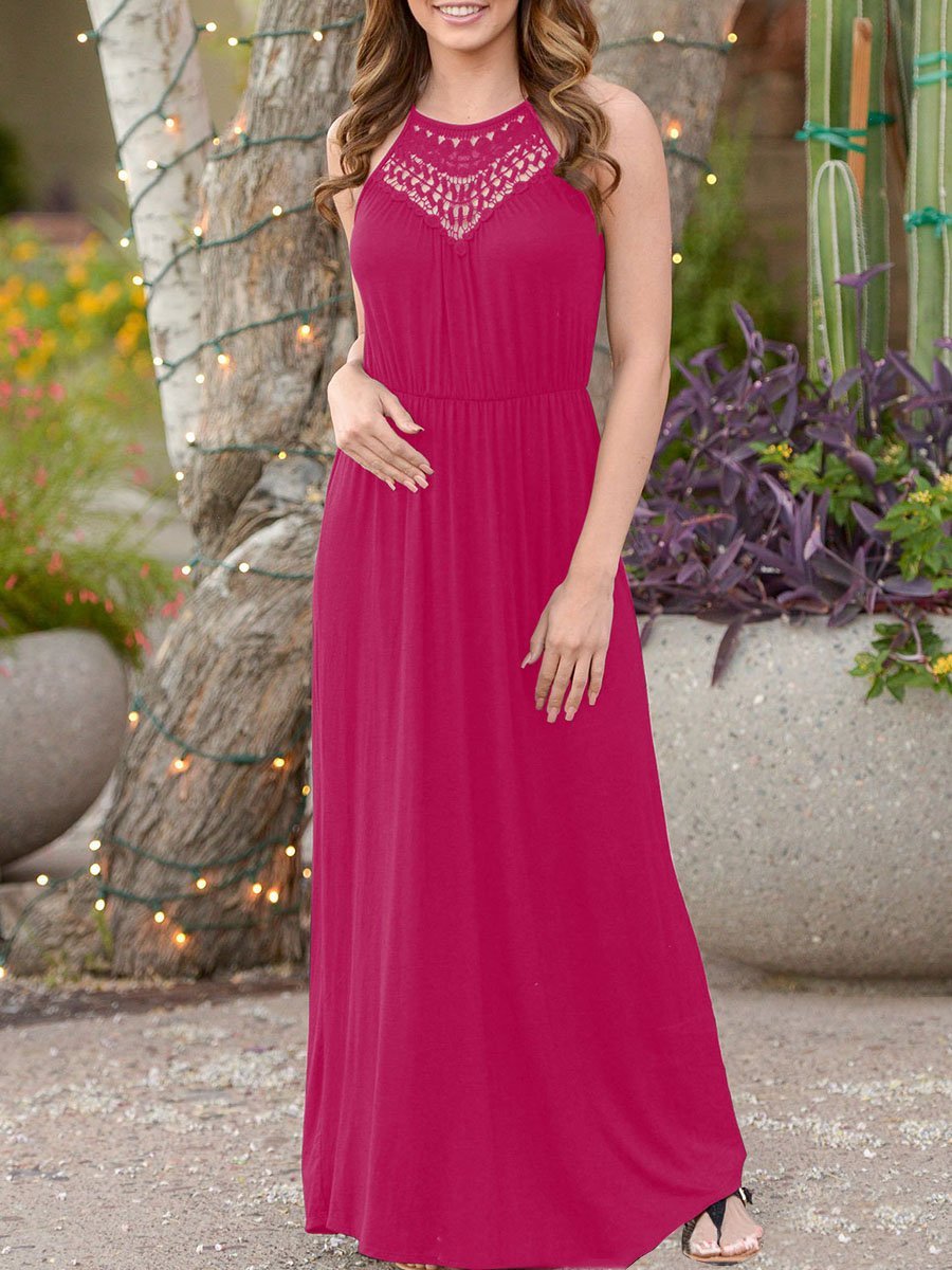 Spaghetti Strap  Elastic Waist  Hollow Out Maxi Dress