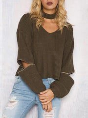 V Neck Plain Zipper Choker Sweater