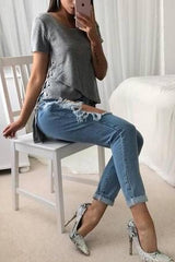 Crew Neck  Asymmetric Hem  Plain Sweaters