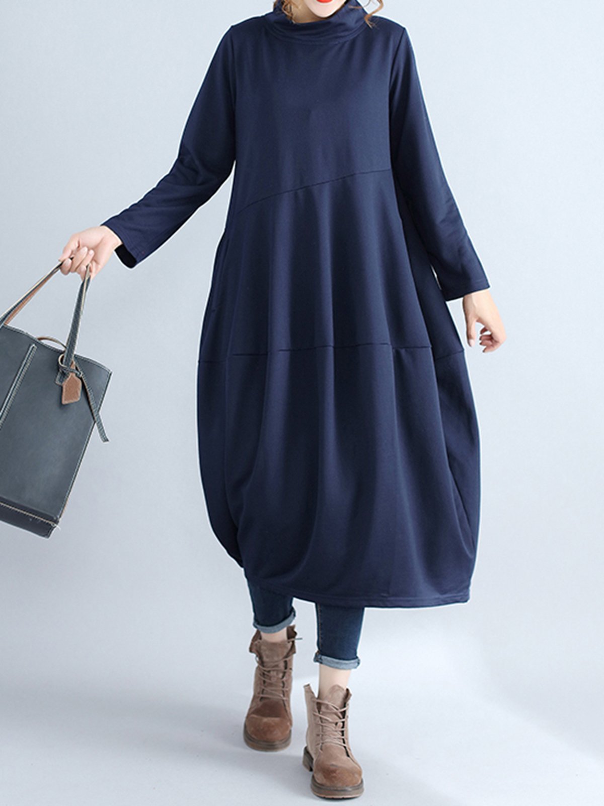 Shift Solid Casual Paneled Long Sleeve Dress