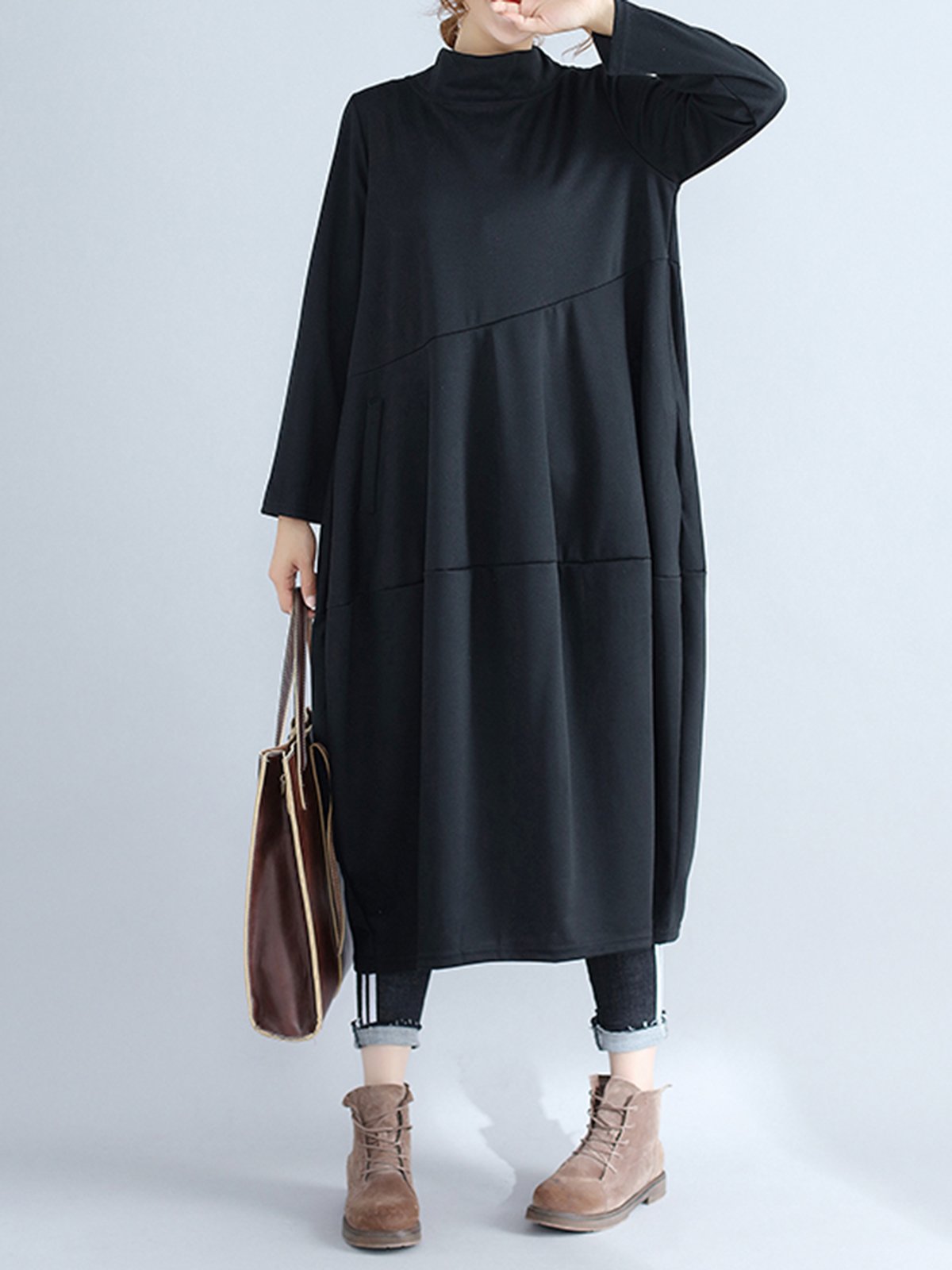 Shift Solid Casual Paneled Long Sleeve Dress