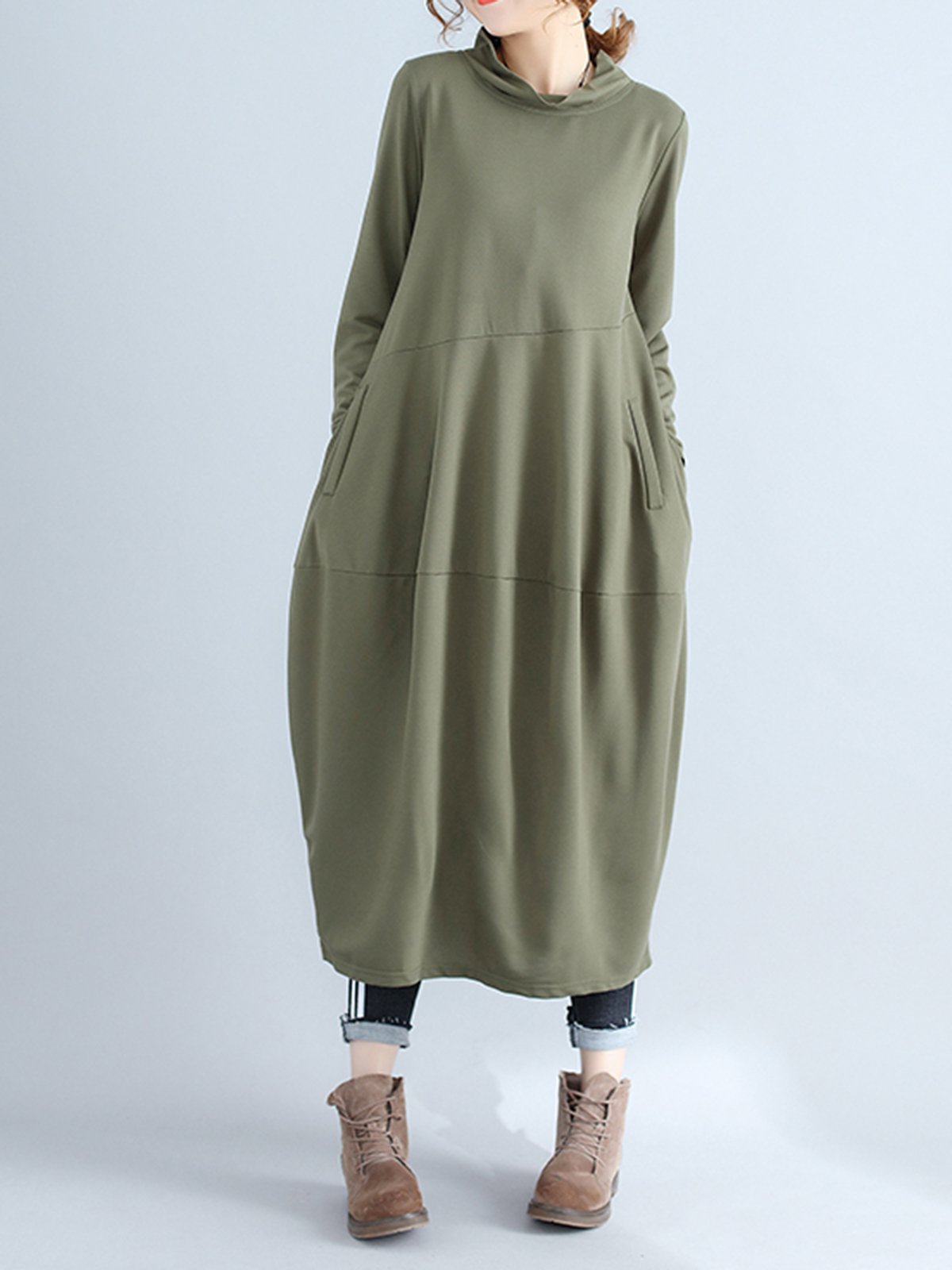 Shift Solid Casual Paneled Long Sleeve Dress