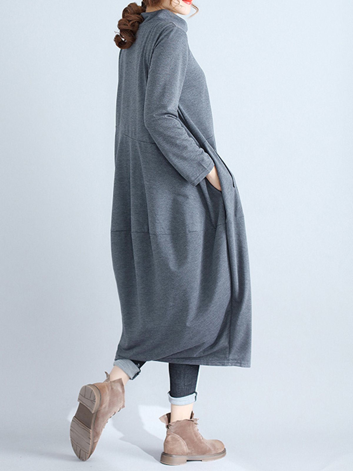 Shift Solid Casual Paneled Long Sleeve Dress