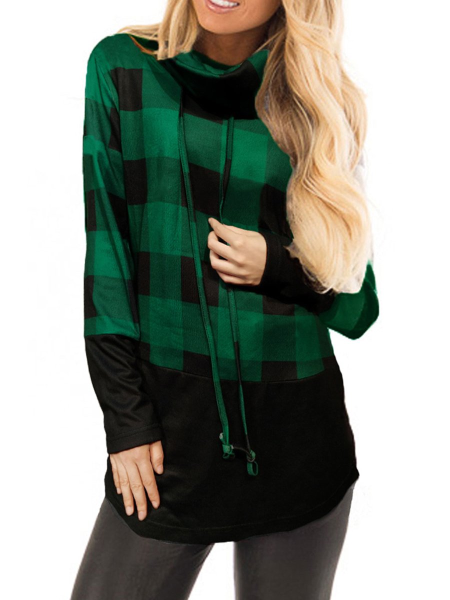 Woman Thin Grid Long Sleeve High Collar Sweatshirts