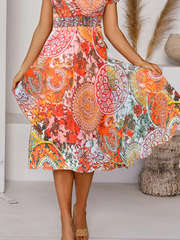 V-neck printed short sleeve skater dresses