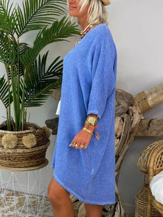 Solid 3/4 Sleeve Vintage Cotton-Blend Dresses