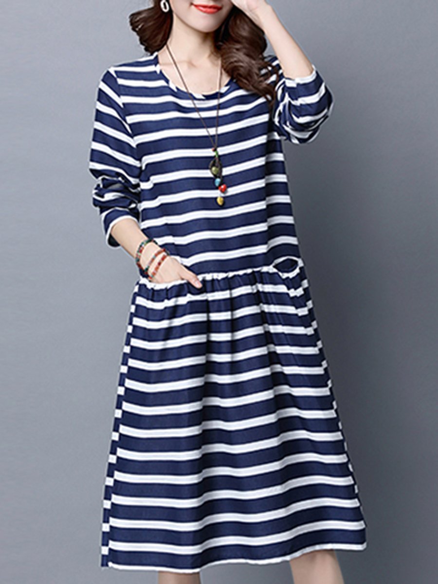 Crew Neck  Slit Pocket  Contrast Piping  Striped Skater Dress
