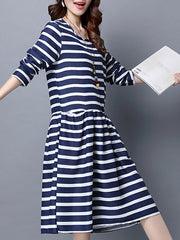 Crew Neck  Slit Pocket  Contrast Piping  Striped Skater Dress