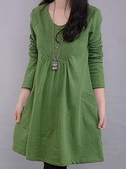 Round Neck  Ruched Single Breasted Slit Pocket  Plain Skater Dress