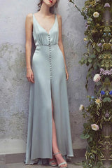 Sexy Deep V Collar Button Slit Maxi Dress
