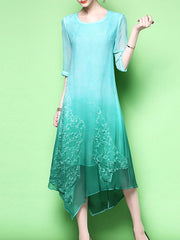 Round Neck  Asymmetric Hem  Embroidery Maxi Dress