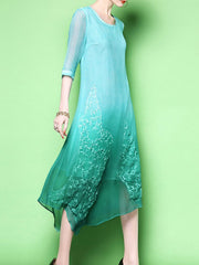 Round Neck  Asymmetric Hem  Embroidery Maxi Dress