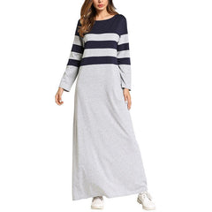 Autumn Round Neck  Coloured Striped Maxi  Dress