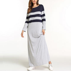 Autumn Round Neck  Coloured Striped Maxi  Dress