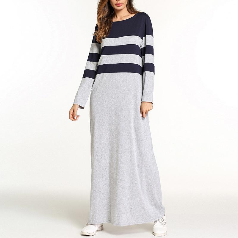 Autumn Round Neck  Coloured Striped Maxi  Dress