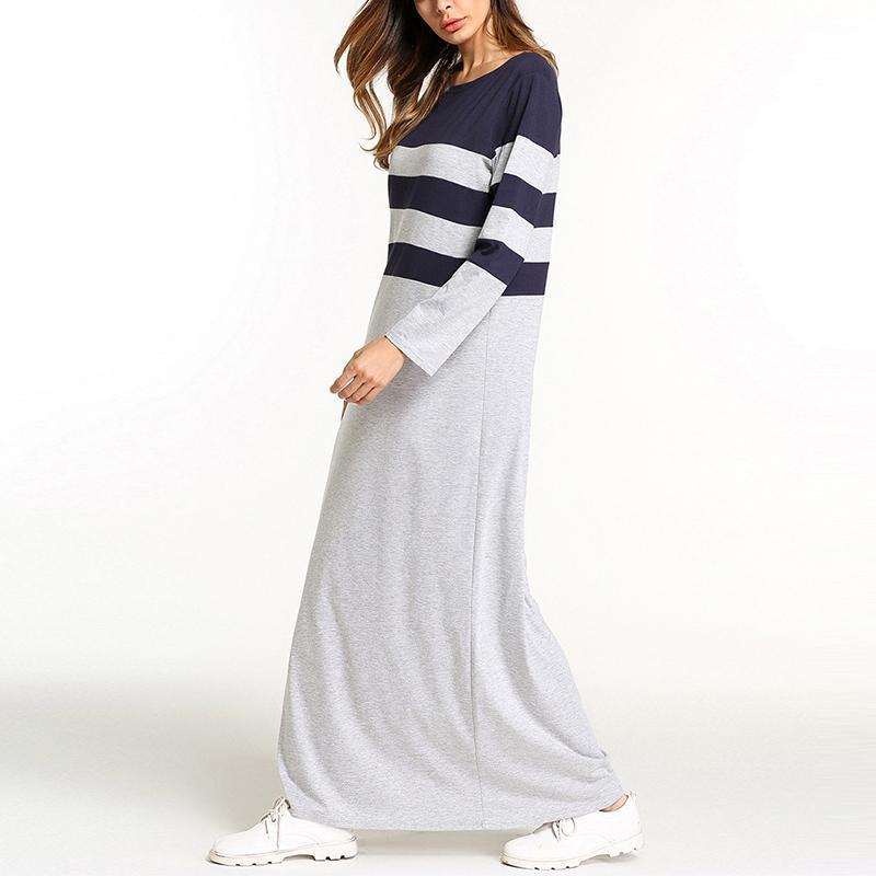 Autumn Round Neck  Coloured Striped Maxi  Dress