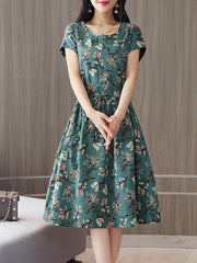 Round Neck  Drawstring Patch Pocket  Floral Printed Skater Dress