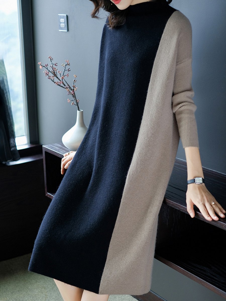 Round Neck  Color Block Shift Dress