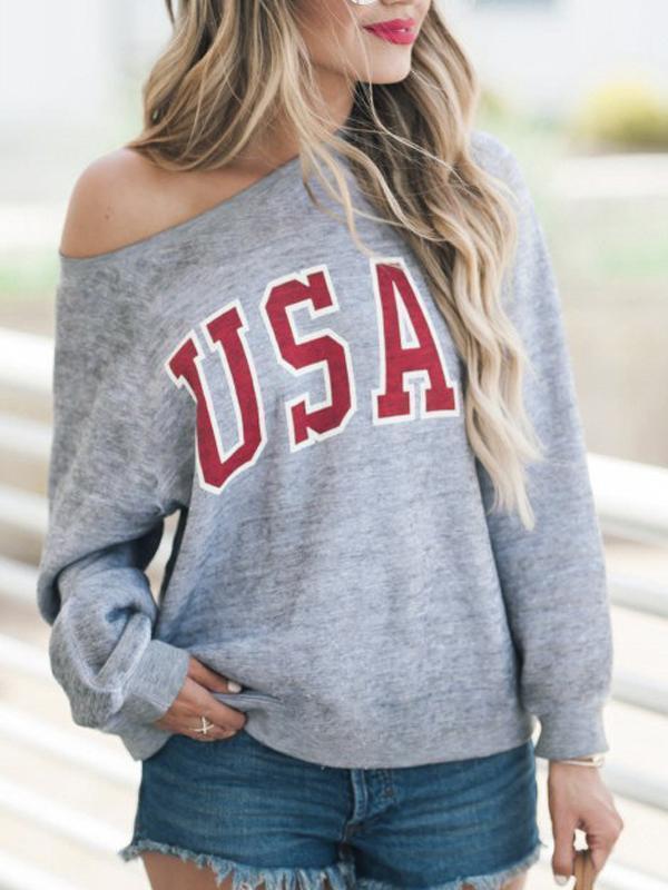 One  Shoulder  Letters  Basic  Sweatshirts