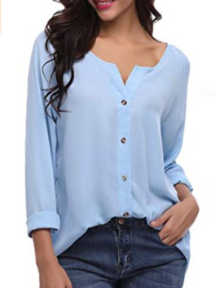 Autumn Spring Summer  Polyester  Women  V-Neck  Asymmetric Hem Single Breasted  Plain  Long Sleeve Blouses