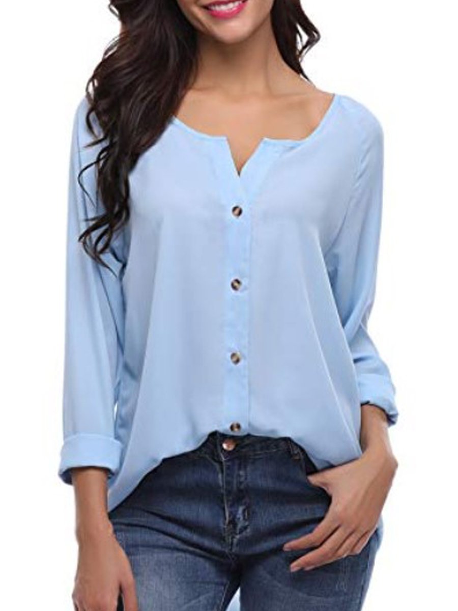 Autumn Spring Summer  Polyester  Women  V-Neck  Asymmetric Hem Single Breasted  Plain  Long Sleeve Blouses