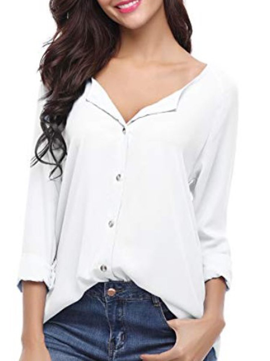 Autumn Spring Summer  Polyester  Women  V-Neck  Asymmetric Hem Single Breasted  Plain  Long Sleeve Blouses