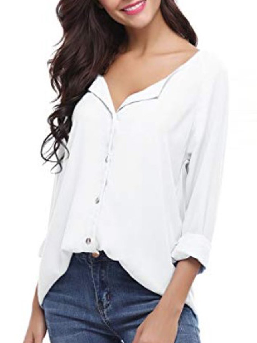 Autumn Spring Summer  Polyester  Women  V-Neck  Asymmetric Hem Single Breasted  Plain  Long Sleeve Blouses