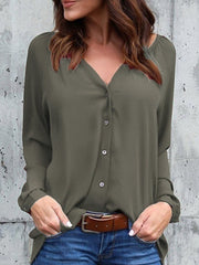 Autumn Spring Summer  Polyester  Women  V-Neck  Asymmetric Hem Single Breasted  Plain  Long Sleeve Blouses