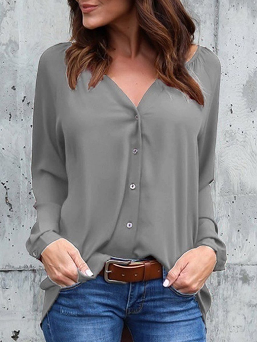 Autumn Spring Summer  Polyester  Women  V-Neck  Asymmetric Hem Single Breasted  Plain  Long Sleeve Blouses