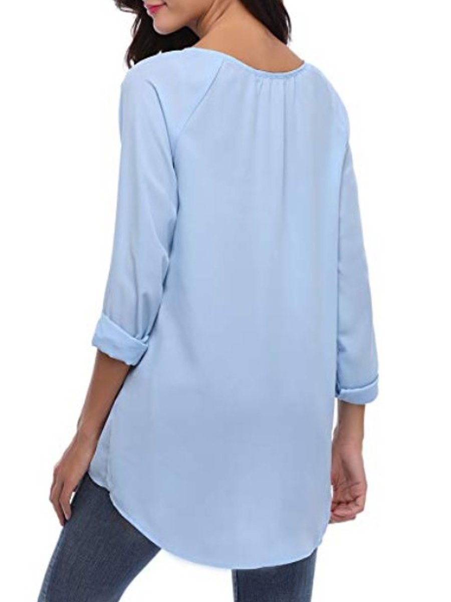 Autumn Spring Summer  Polyester  Women  V-Neck  Asymmetric Hem Single Breasted  Plain  Long Sleeve Blouses