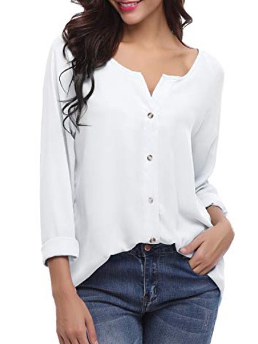 Autumn Spring Summer  Polyester  Women  V-Neck  Asymmetric Hem Single Breasted  Plain  Long Sleeve Blouses