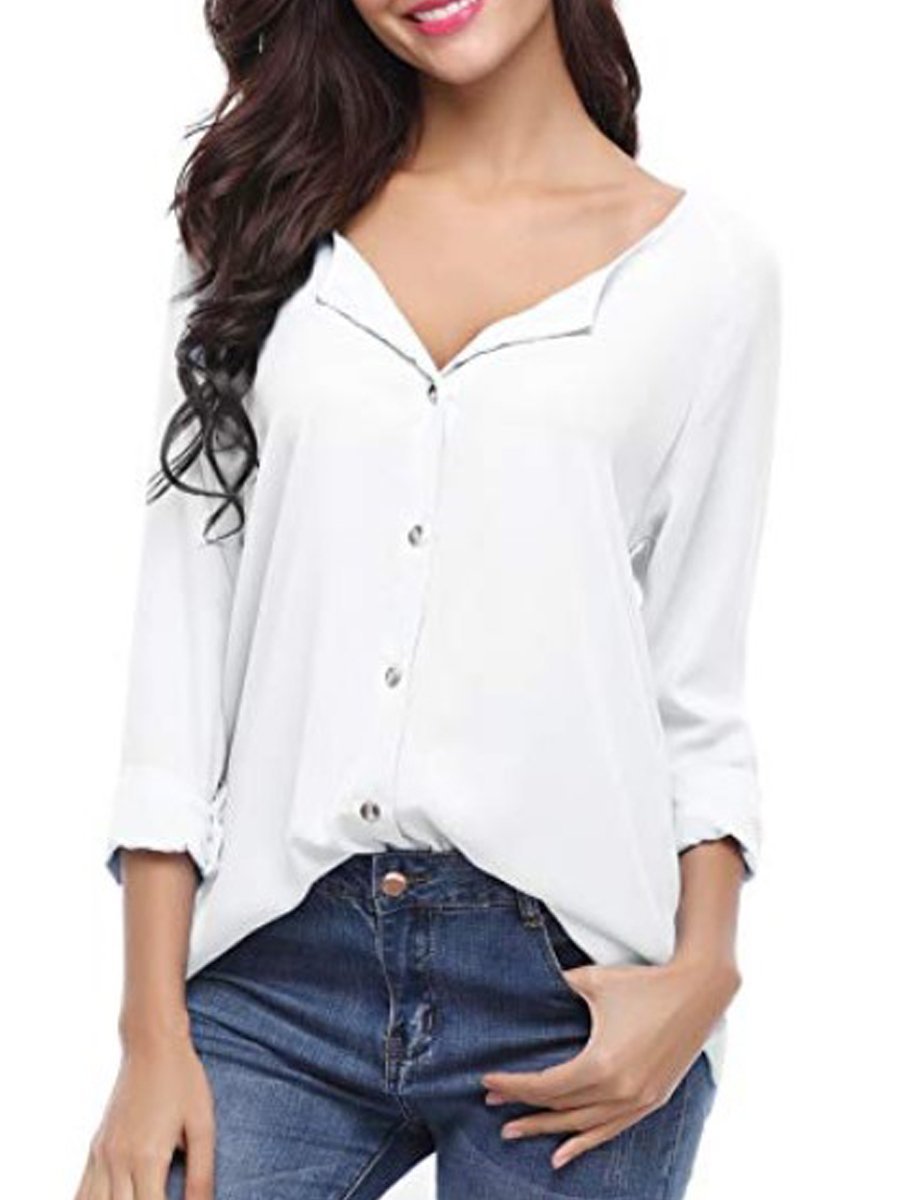 Autumn Spring Summer  Polyester  Women  V-Neck  Asymmetric Hem Single Breasted  Plain  Long Sleeve Blouses