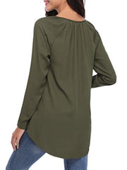 Autumn Spring Summer  Polyester  Women  V-Neck  Asymmetric Hem Single Breasted  Plain  Long Sleeve Blouses