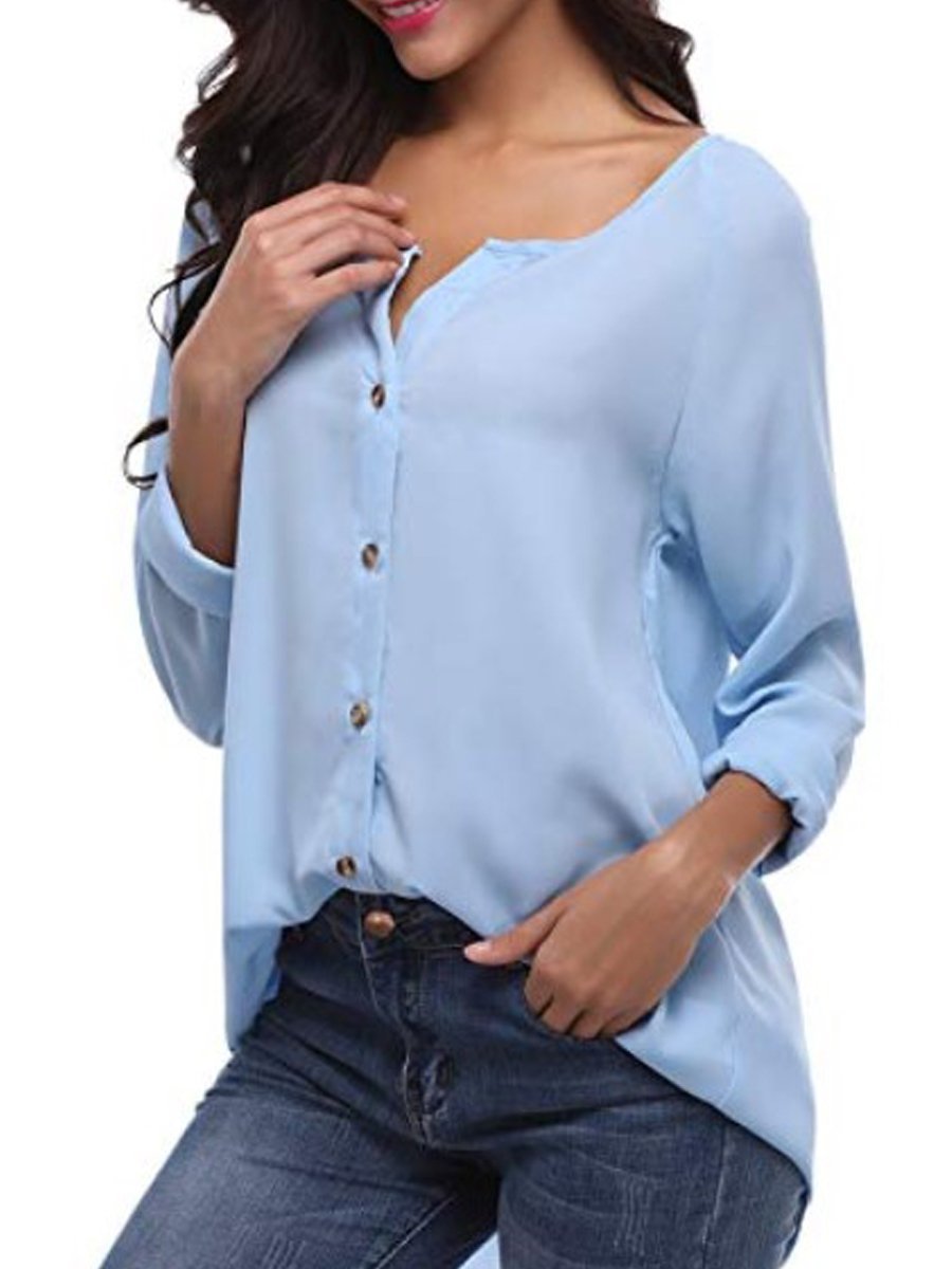 Autumn Spring Summer  Polyester  Women  V-Neck  Asymmetric Hem Single Breasted  Plain  Long Sleeve Blouses