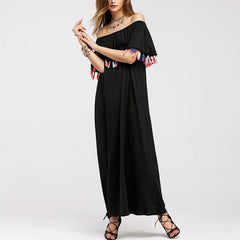 Off Shoulder Tassel Plain Casual Dress