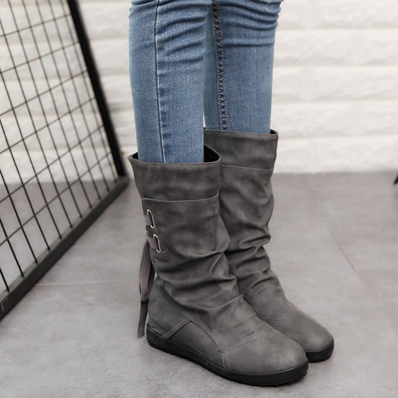 Plain  Invisible  High Heeled  Velvet  Round Toe  Casual  Mid Calf Flat Boots