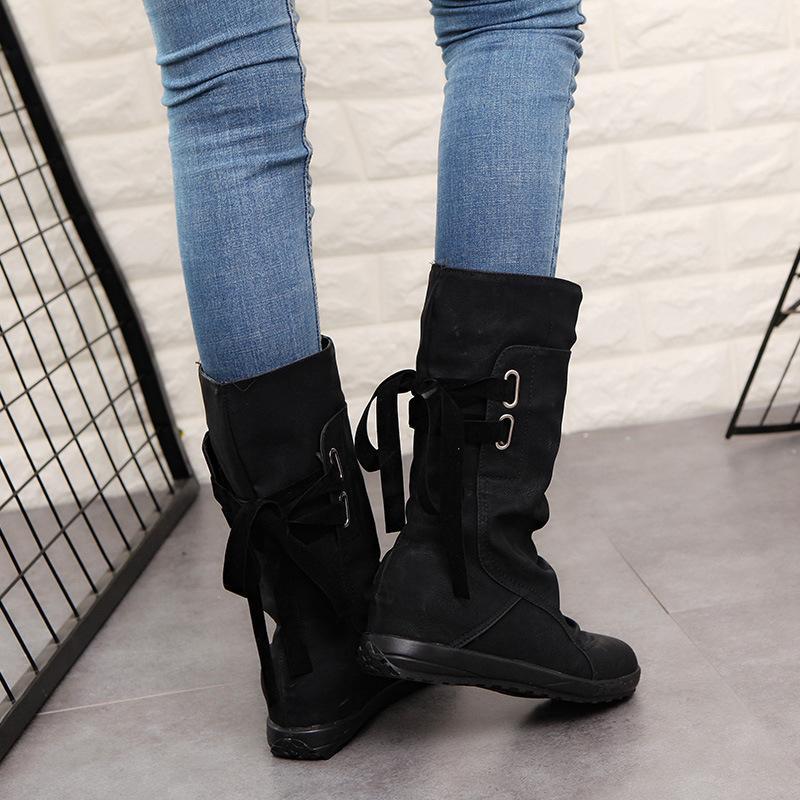 Plain  Invisible  High Heeled  Velvet  Round Toe  Casual  Mid Calf Flat Boots