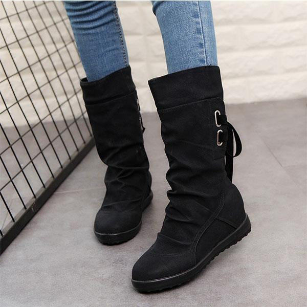 Plain  Invisible  High Heeled  Velvet  Round Toe  Casual  Mid Calf Flat Boots