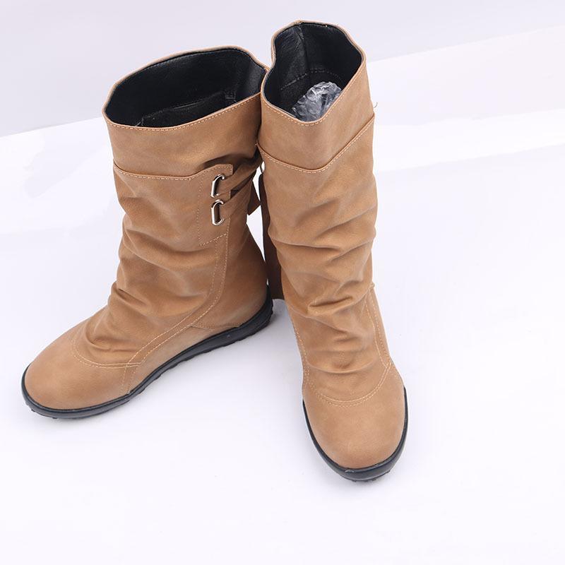 Plain  Invisible  High Heeled  Velvet  Round Toe  Casual  Mid Calf Flat Boots